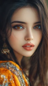 Portrait beauty with amber eyes and ornate yellow shawl.