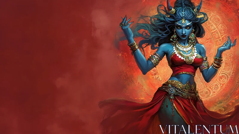 Fiery blue goddess dancing in swirling red light and shadow.