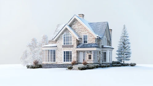 3D winter architectural render of stone-clad suburban house.