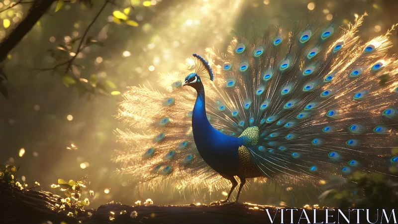 Peacock displays radiant plumage in warm forest backlight