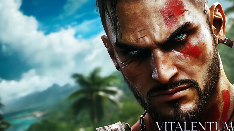 Battle-hardened warrior glares intensely against tropical coast