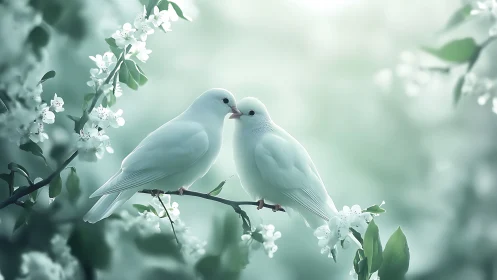 Two White Doves on Blossoming Branch