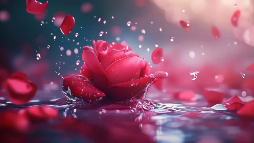Red Rose Suspended in Cascading Water Drops.