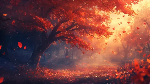 Digital autumn forest scene depicts backlit trees and foliage