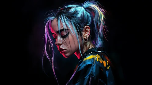 Chromatic side-lit portrait of pensive neon-haired woman.
