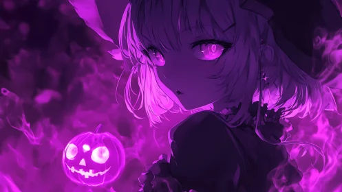 Moonlit witch girl in glowing violet Halloween mist.