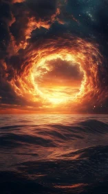 Circular cloud formation aligns with sunset above open water