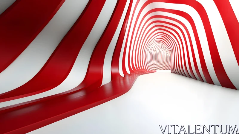 Futuristic red and white striped tunnel with smooth curved design.