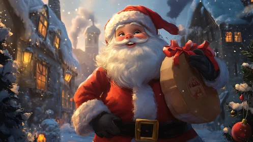 Santa Claus in snowy village with gift sack, warm lighting.