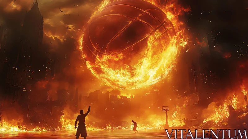 Colossal flaming basketball engulfs apocalyptic urban court
