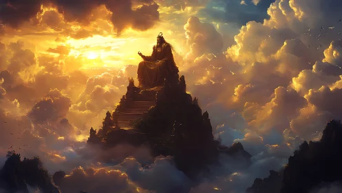 Sunlit sky throne crowns a lone god above stormy clouds