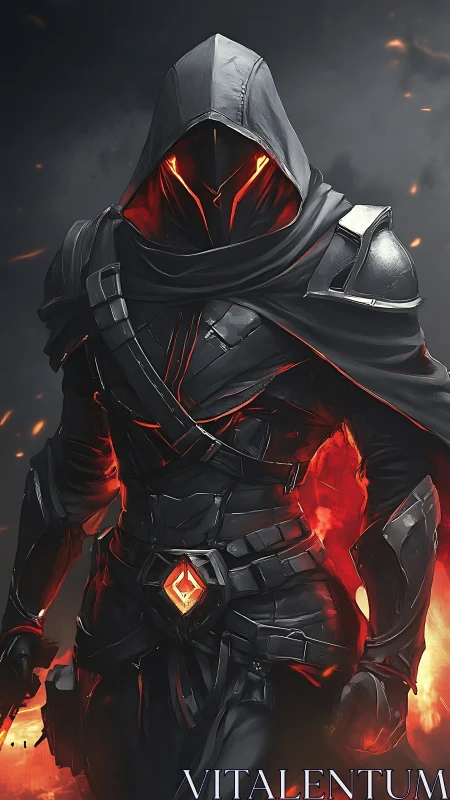 Hooded armored figure with red energy accents in flames.