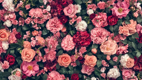 Dense Floral Arrangement with Pink and Red Blooms.