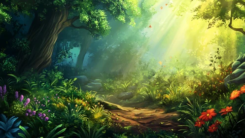 Sunlit Forest Sanctuary Where Ancient Trees Frame Enchanted Blooms