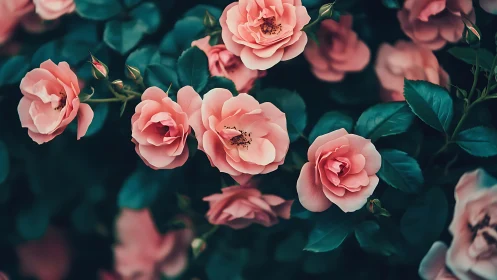 Pink garden roses bloom vibrant against teal foliage.