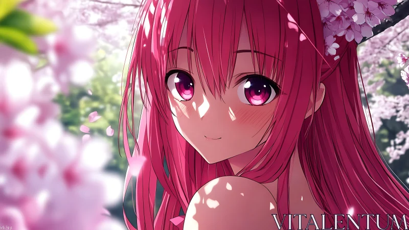 Pink-haired anime girl under luminous cherry blossoms.