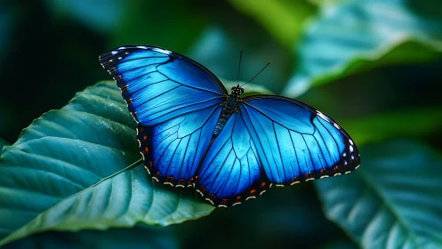 Blue morpho butterfly rests on tropical leaf, vivid contrast.