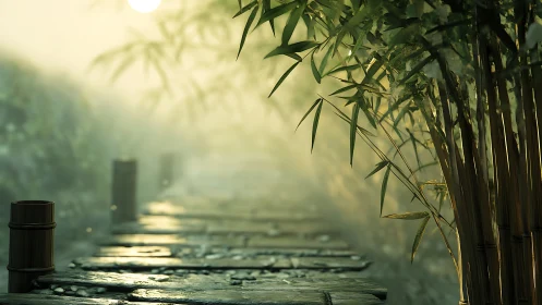 Sunlit bamboo path unfolds through tranquil morning mist.