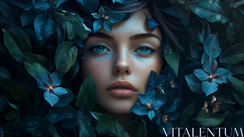 Enigmatic blue-eyed muse emerging from twilight foliage.
