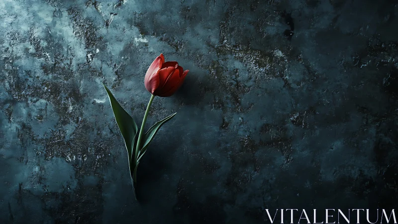Single red tulip resting softly on a moody dark backdrop.