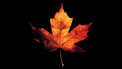 High-contrast macro study of illuminated autumn maple leaf.