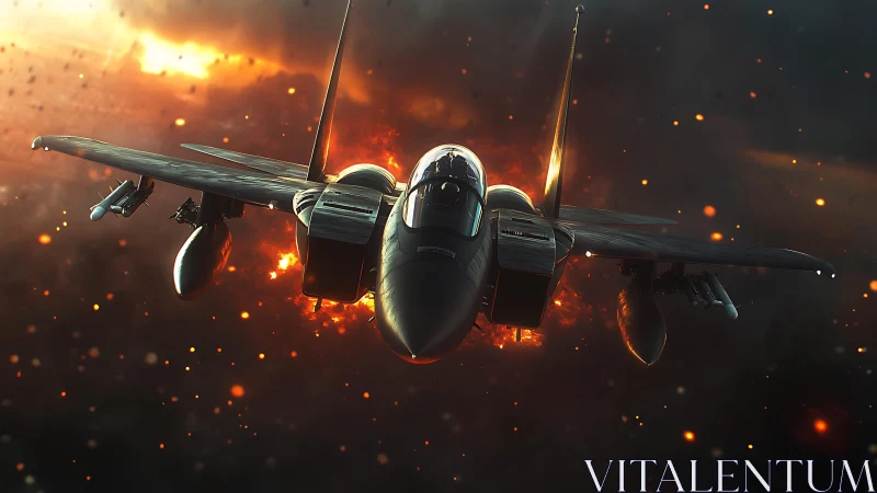 Twin-engine fighter jet over burning cloud layer.