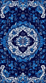 Ornate blue and white floral mandala textile pattern.
