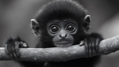 Monochrome close-up of juvenile monkey gripping branch with shallow focus