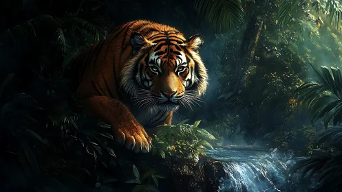 Midnight jungle spotlight crowns a stalking river tiger