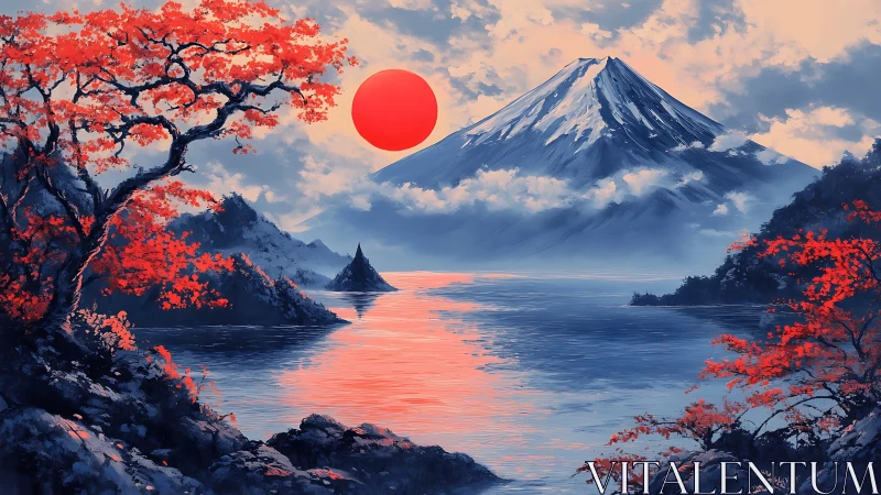 Crimson sun over sapphire mountain lake in quiet eruption.