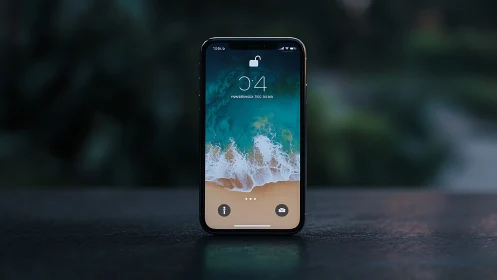 iPhone Lock Screen Display: Coastal Wallpaper with Time Interface and Accessibility Controls