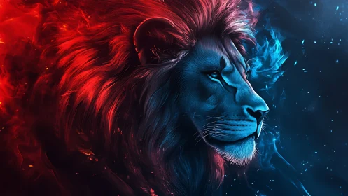 Elemental lion portrait in dual red and blue flame light.