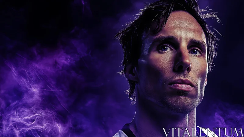 Male subject portrait uses dramatic lighting and purple haze
