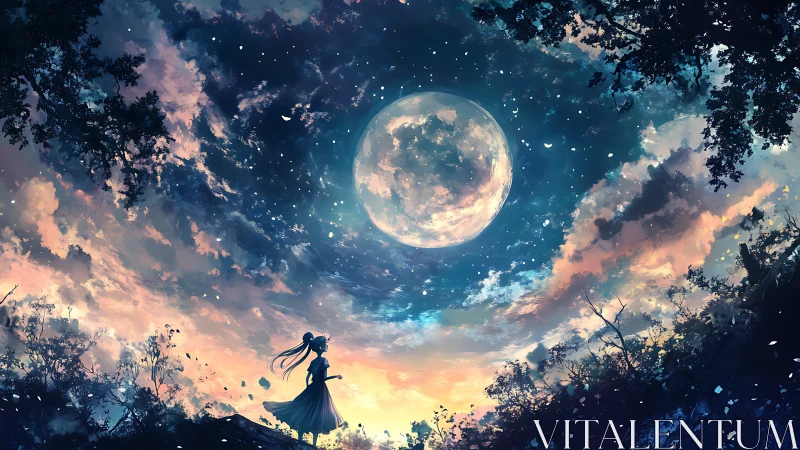 Anime nightscape with silhouetted girl and luminous full moon.