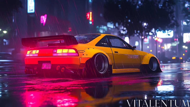 Yellow modified coupe on wet neon city street at night.