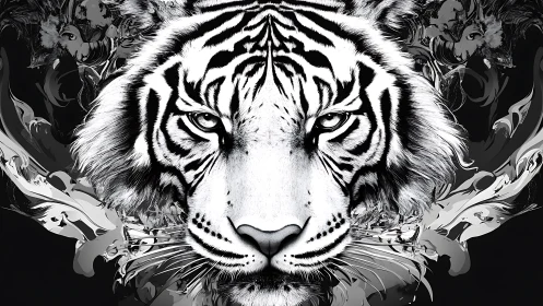 Black and white tiger portrait with bold abstract swirls.