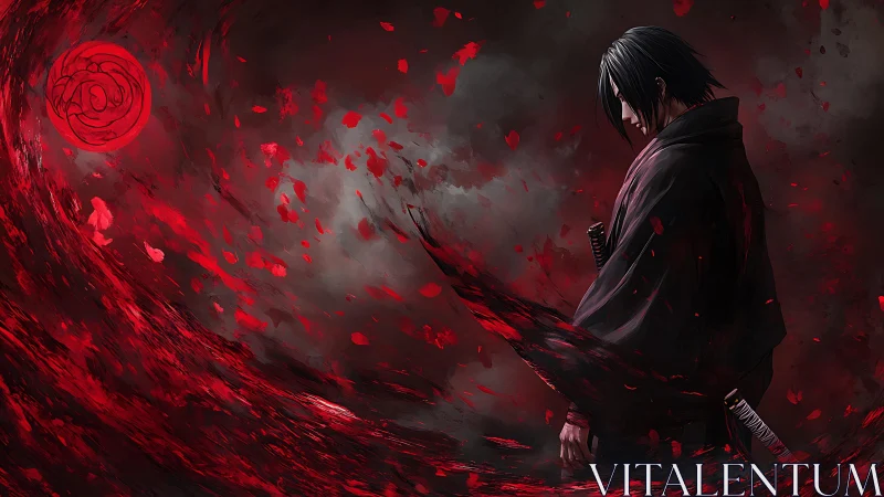 Brooding swordsman amid crimson vortex and burning sigil.