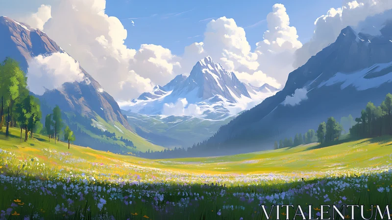 Atmospheric alpine valley with luminous meadow bloom rendering.