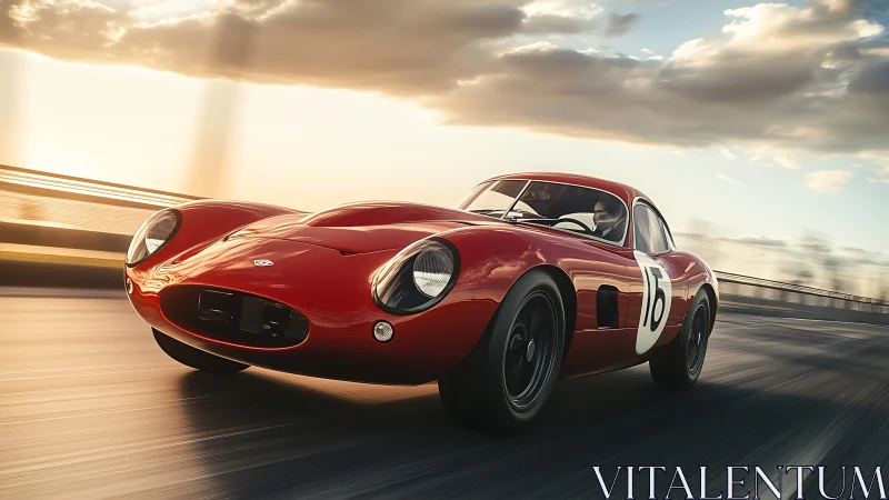 Red vintage race car accelerates along sunlit highway
