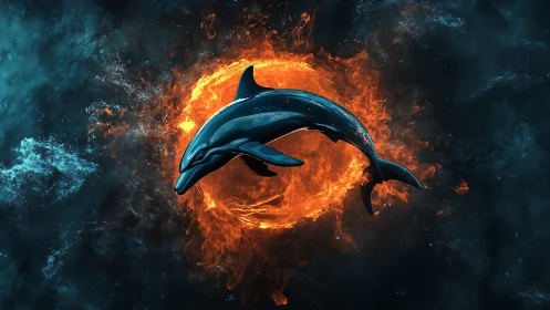 Bioluminescent dolphin arcs before a fiery cosmic vortex