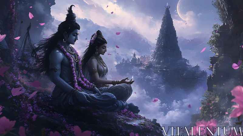 Meditating divine figures framed by aerial temple vista and petals