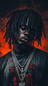 Portrait of a person with chains against fiery red backdrop