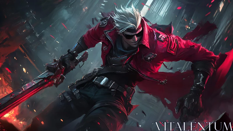 Cyber swordsman in crimson coat charging through neon ruins.