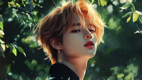 Luminous portrait of blonde youth in dappled forest light.