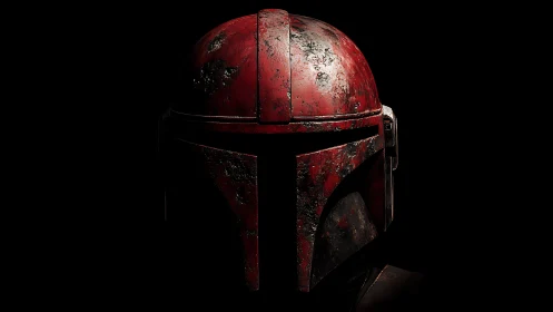 Weathered red sci‑fi combat helmet rendered in dramatic chiaroscuro