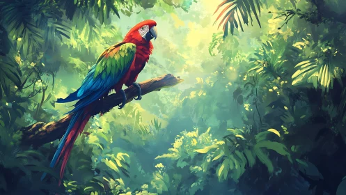 Digital painting of scarlet macaw in lush rainforest canopy.