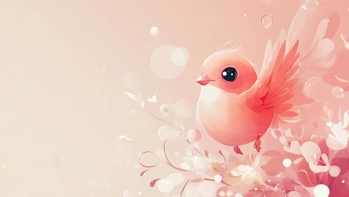 Pastel pink songbird with oversized eyes in soft bokeh bloom