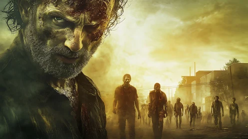 Scarred survivor stalks foggy street filled with zombies.