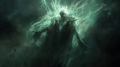 Mysterious spectral figure rising amid crackling green light.