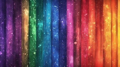 Vertical rainbow planks with scattered paint splatters pattern.